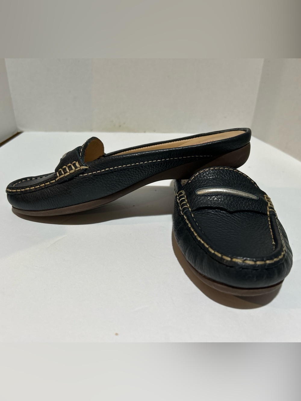 Marc Joseph navy blue Leather Loafers with tan insole.